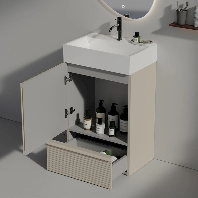 Meuble-lavabo simple vasque, meuble-lavabo autoportant moderne à motif quadrillé avec poignée dissimulée, meuble de salle de bain en bois