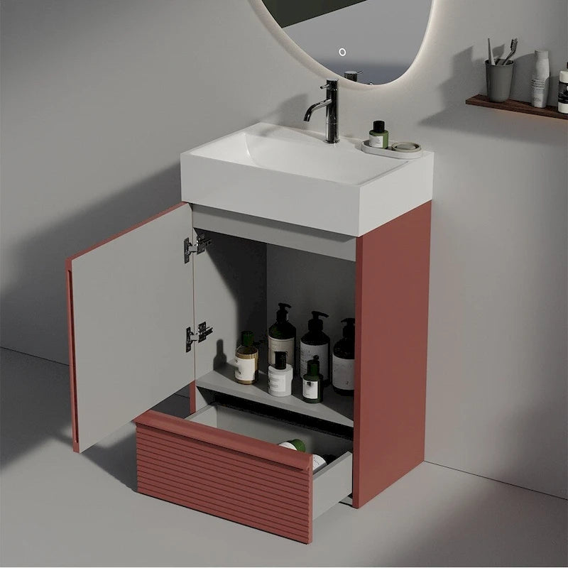 Meuble-lavabo simple vasque, meuble-lavabo autoportant moderne à motif quadrillé avec poignée dissimulée, meuble de salle de bain en bois