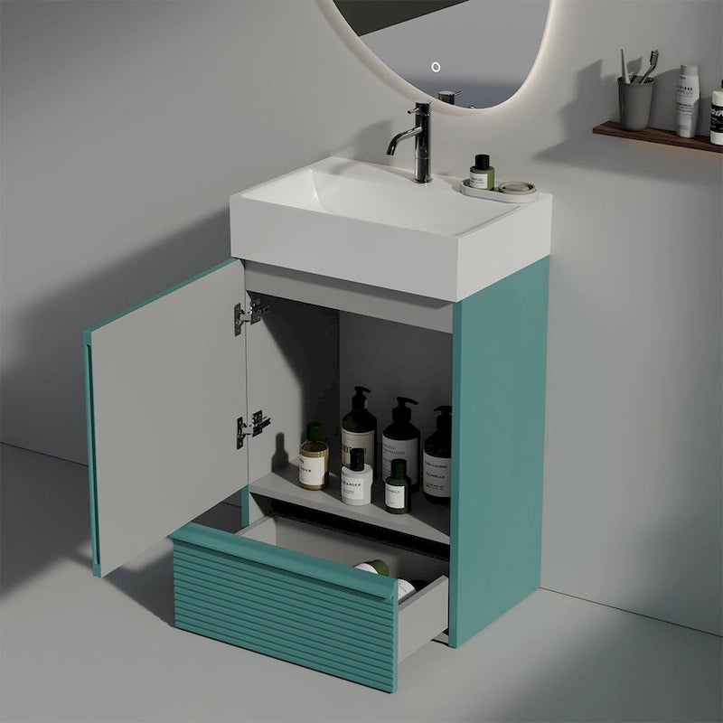 Meuble-lavabo simple vasque, meuble-lavabo autoportant moderne à motif quadrillé avec poignée dissimulée, meuble de salle de bain en bois
