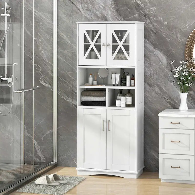 Armoire de salle de bain haute Costway, grand meuble de rangement au sol avec revêtement acrylique - Voir les détails