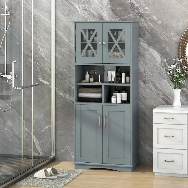 Armoire de salle de bain haute Costway, grand meuble de rangement au sol avec revêtement acrylique - Voir les détails