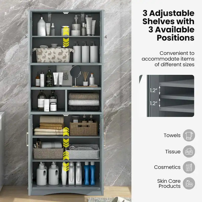 Armoire de salle de bain haute Costway, grand meuble de rangement au sol avec revêtement acrylique - Voir les détails