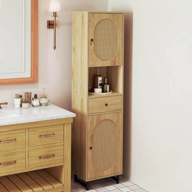 Armoire de salle de bain haute Costway 67 avec 2 portes et compartiment ouvert - Voir les détails