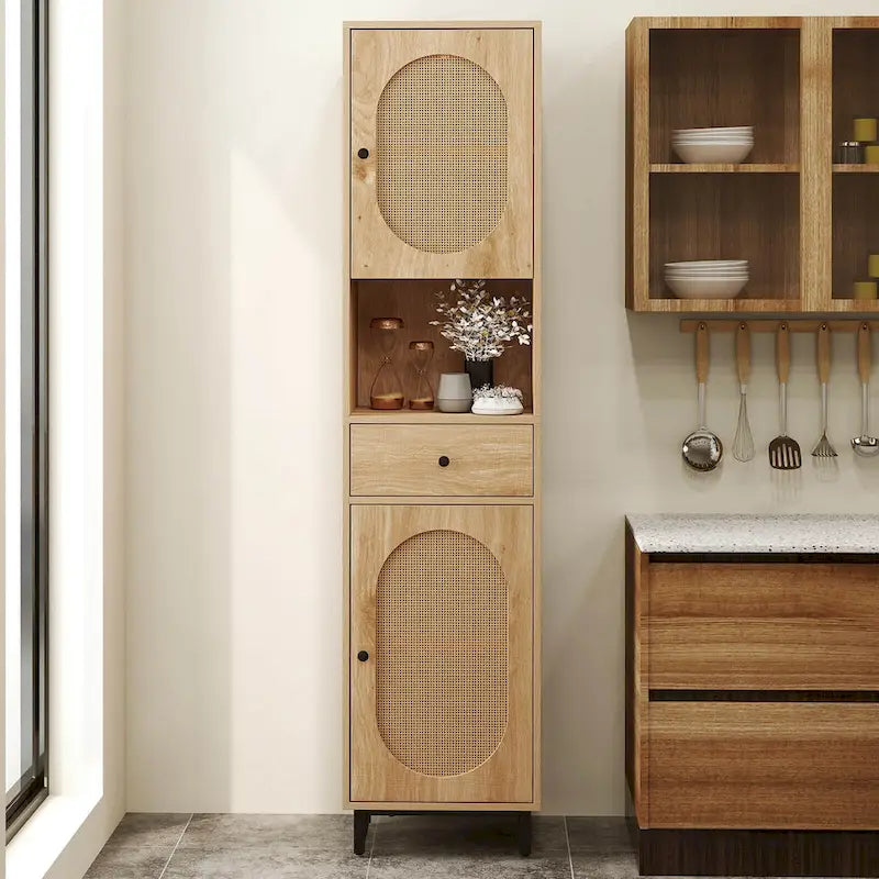 Armoire de salle de bain haute Costway 67 avec 2 portes et compartiment ouvert - Voir les détails