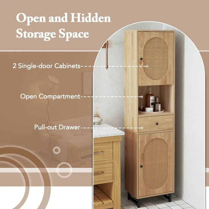 Armoire de salle de bain haute Costway 67 avec 2 portes et compartiment ouvert - Voir les détails