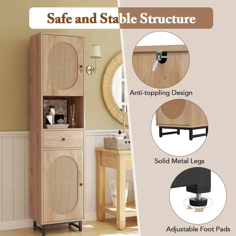 Armoire de salle de bain haute Costway 67 avec 2 portes et compartiment ouvert - Voir les détails