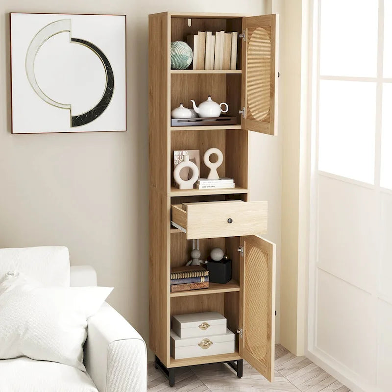 Armoire de salle de bain haute Costway 67 avec 2 portes et compartiment ouvert - Voir les détails