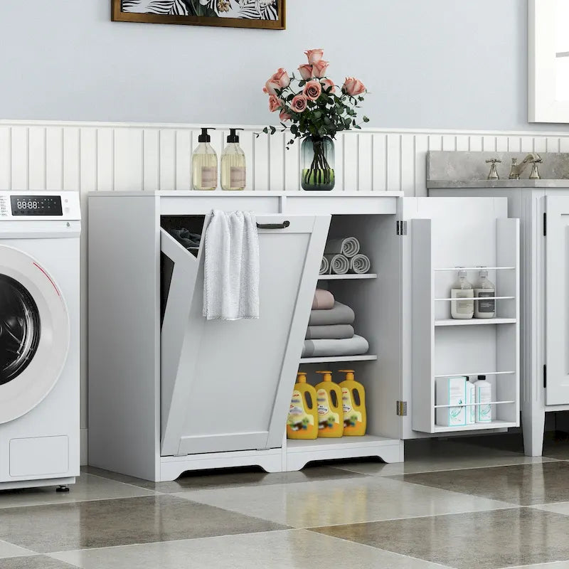 Meuble de salle de bain autoportant avec panier à linge inclinable et étagère réglable - Conception d'étagère de porte