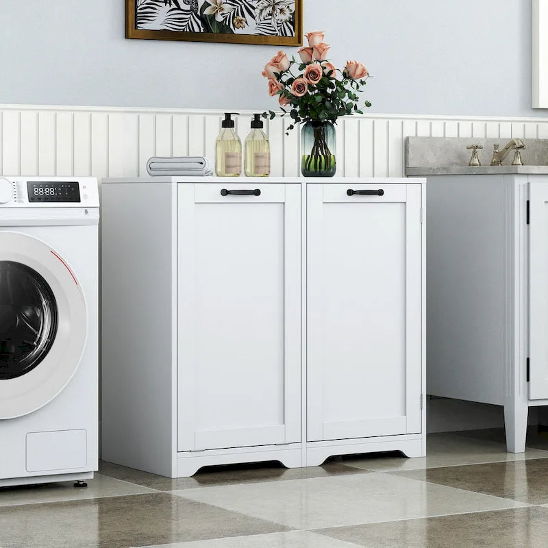 Meuble de salle de bain autoportant avec panier à linge inclinable et étagère réglable - Conception d'étagère de porte