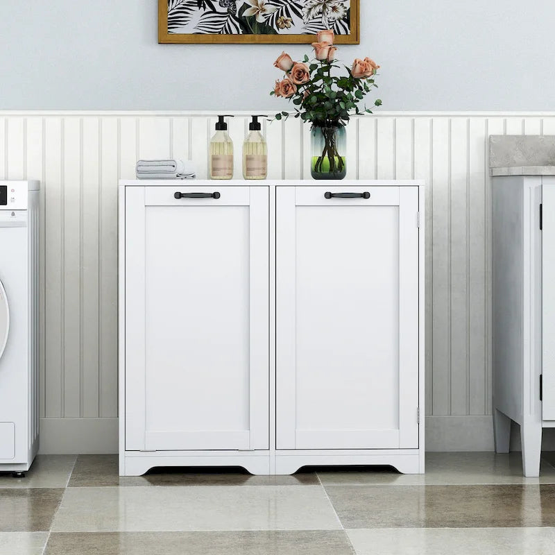 Meuble de salle de bain autoportant avec panier à linge inclinable et étagère réglable - Conception d'étagère de porte