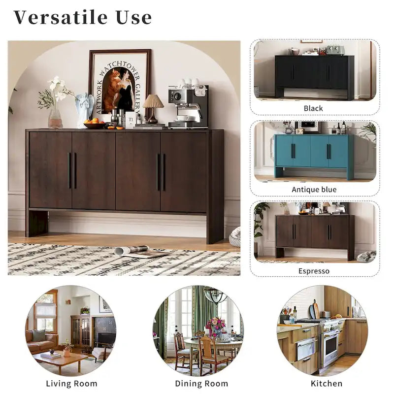 Buffet en bois à 4 portes avec étagères réglables et longues poignées