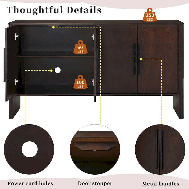 Buffet en bois à 4 portes avec étagères réglables et longues poignées