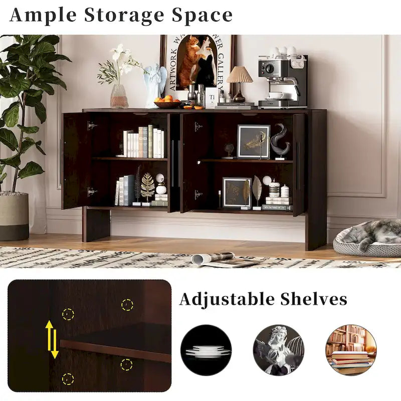 Buffet en bois à 4 portes avec étagères réglables et longues poignées