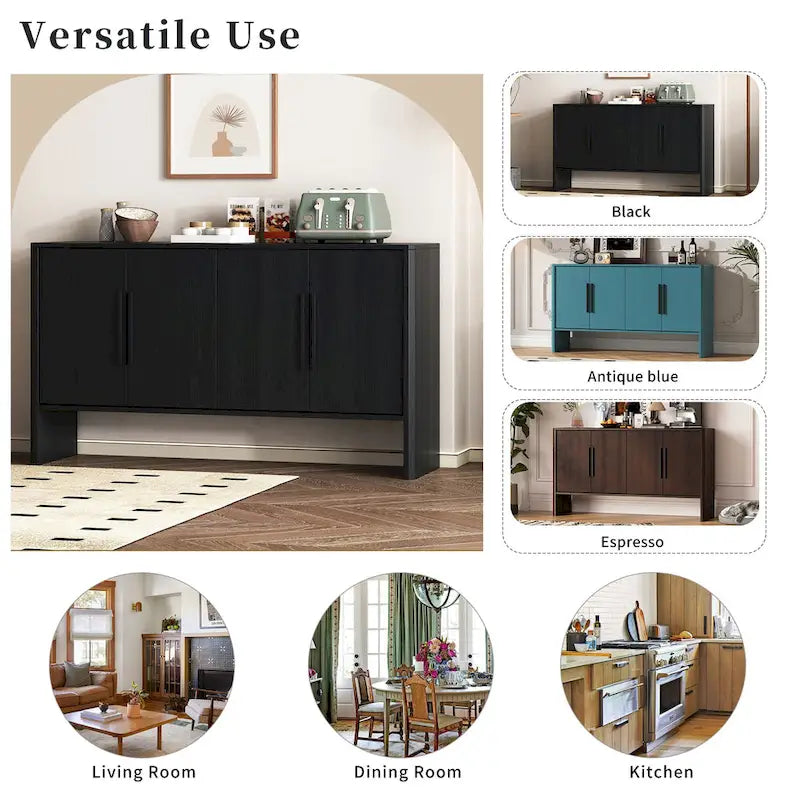 Buffet en bois à 4 portes avec étagères réglables et longues poignées