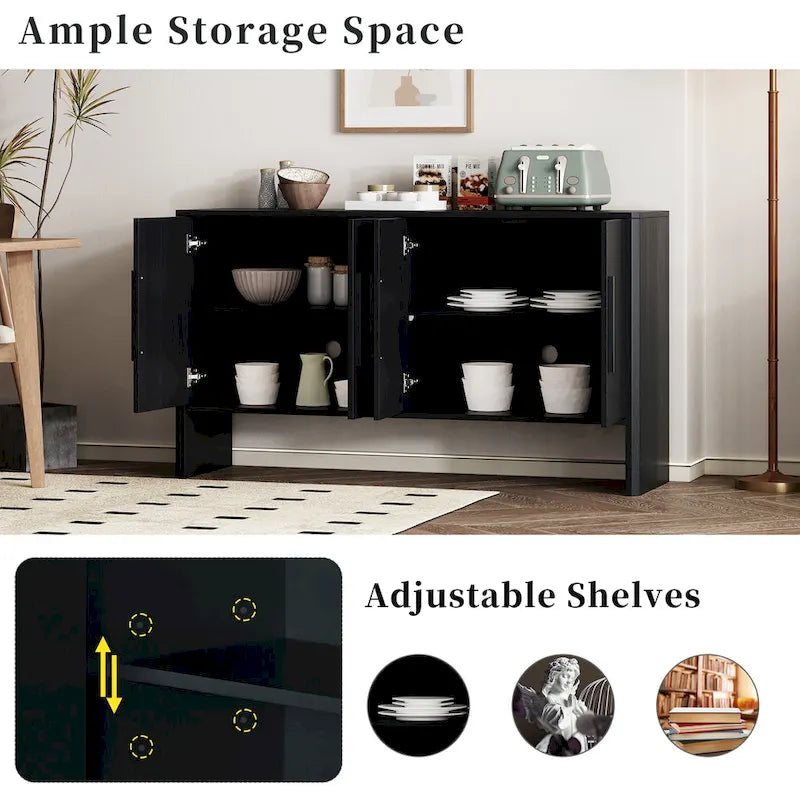 Buffet en bois à 4 portes avec étagères réglables et longues poignées