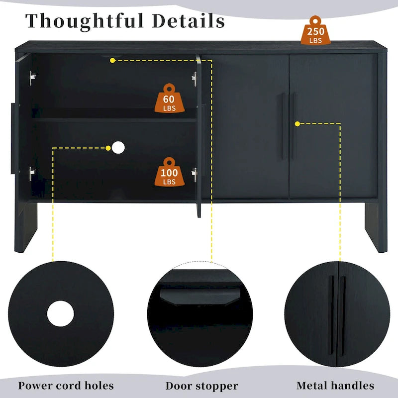 Buffet en bois à 4 portes avec étagères réglables et longues poignées