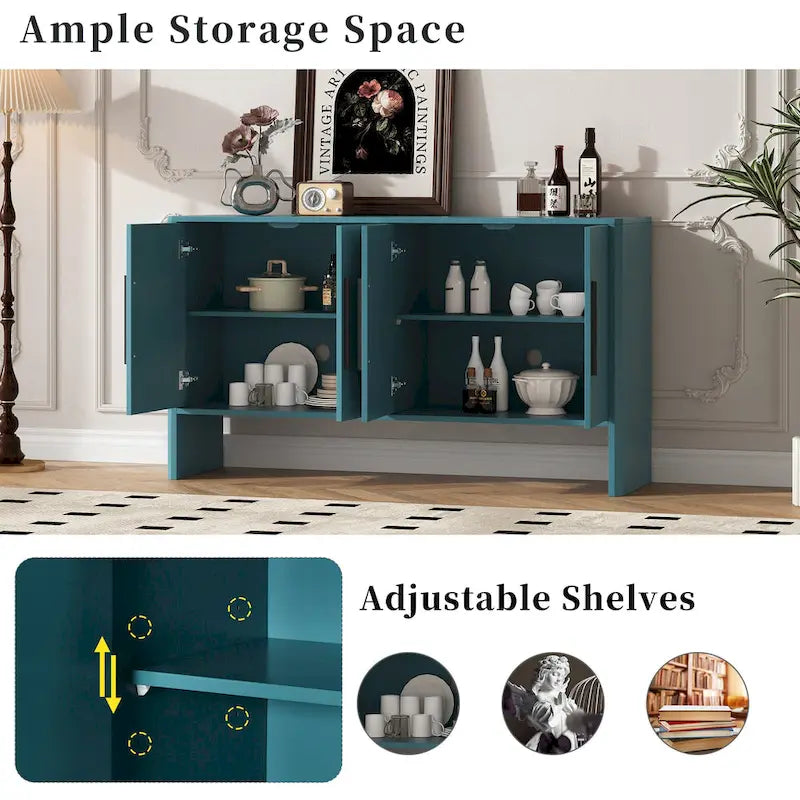 Buffet en bois à 4 portes avec étagères réglables et longues poignées