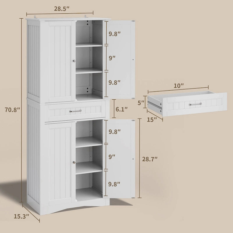 Armoire de rangement pour garde-manger de cuisine 71, meuble de rangement autoportant avec 4 portes et 4 étagères réglables