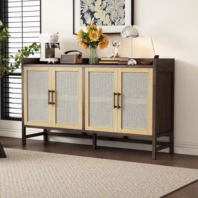 Buffet rustique avec portes décoratives en rotin