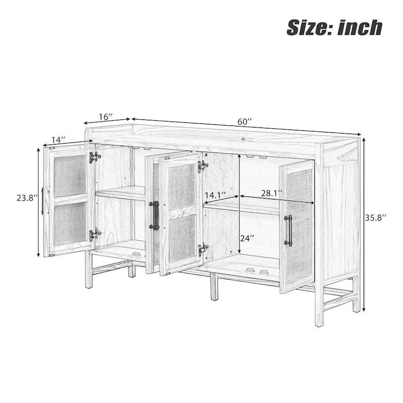 Buffet rustique avec portes décoratives en rotin