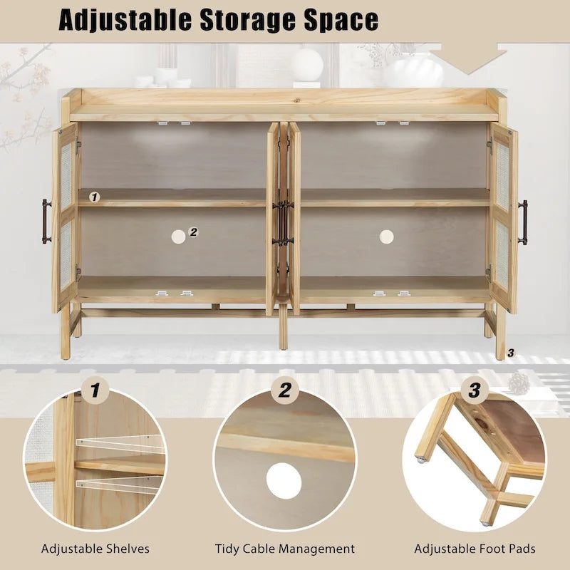 Buffet rustique avec portes décoratives en rotin