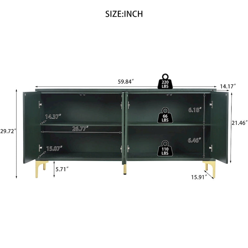 Buffet à 4 portes avec panneaux sculptés et étagères réglables