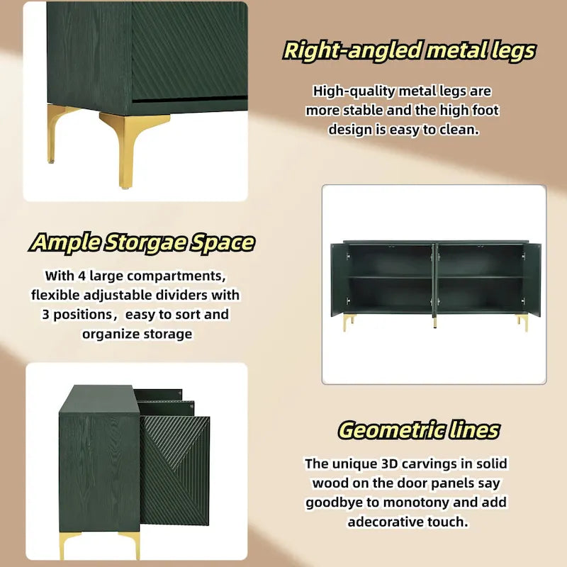 Buffet à 4 portes avec panneaux sculptés et étagères réglables