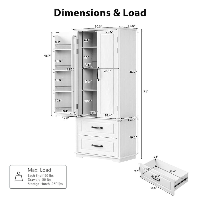 Armoire de cuisine haute de 71 pouces, meuble de rangement autoportant avec 2 tiroirs, vaisselier de cuisine