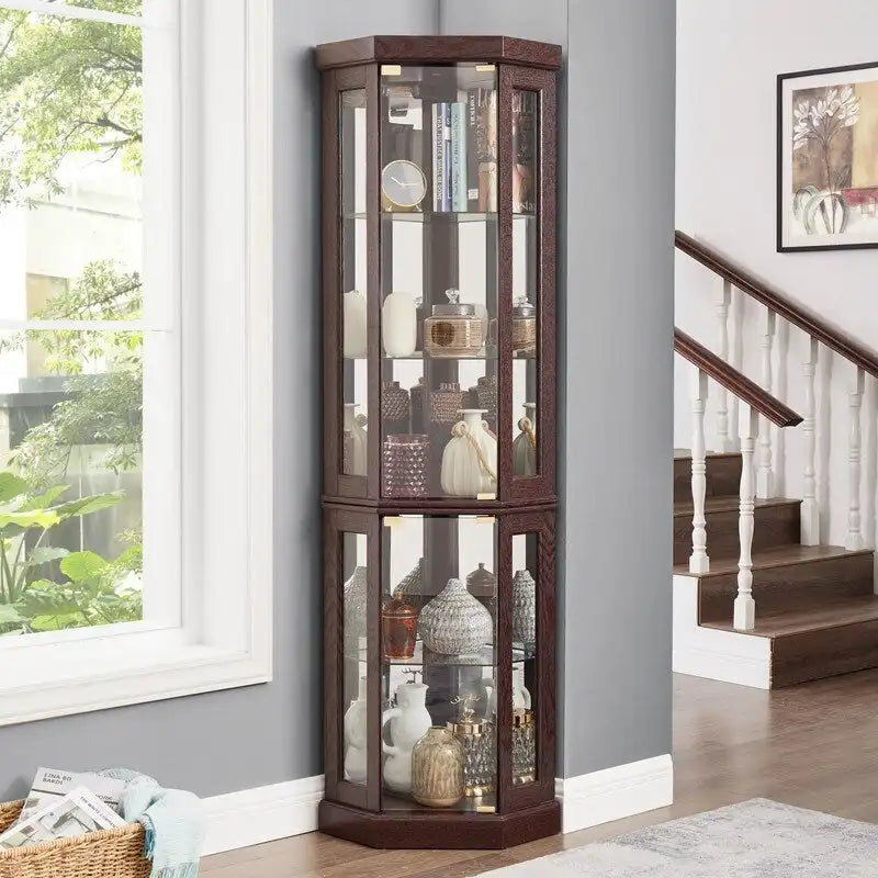 Stylish Corner Display Cabinet with Built-In Lights  Ideal for Showcasing Collectibles, Glassware, or Decor.