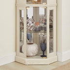 Vitrine d'angle élégante avec éclairage intégré, idéale pour mettre en valeur des objets de collection, de la verrerie ou des éléments de décoration.