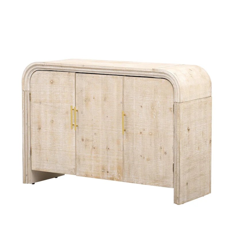 Buffet en bois à 4 portes, style incurvé, avec poignées dorées et séparateurs réglables.
