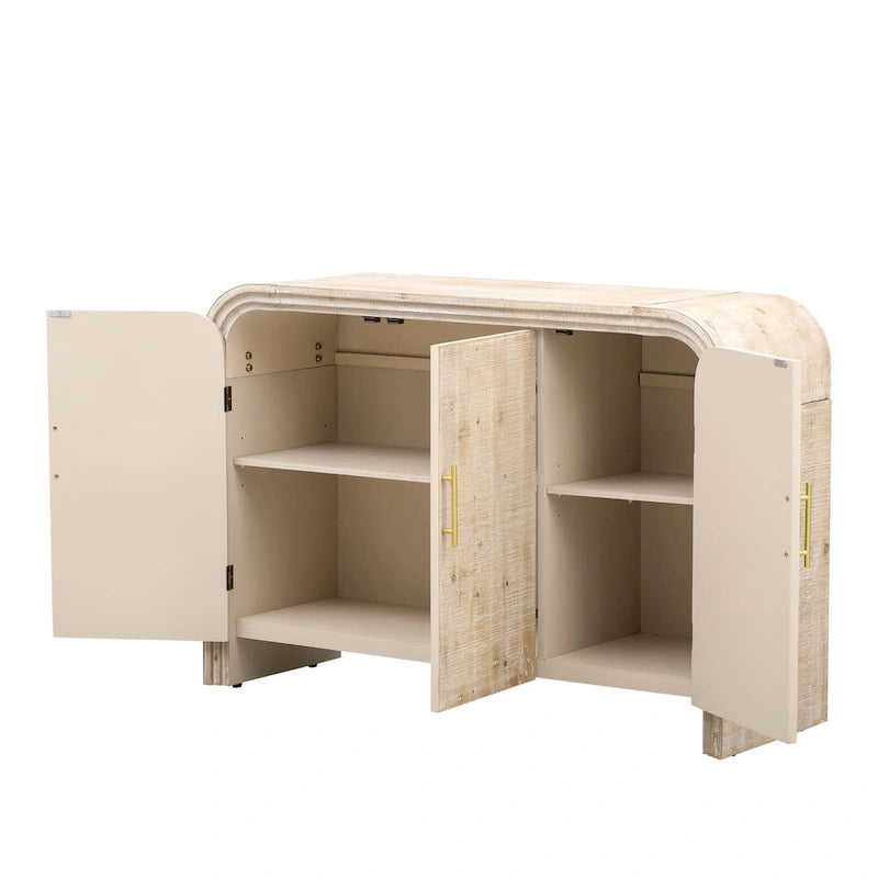 Buffet en bois à 4 portes, style incurvé, avec poignées dorées et séparateurs réglables.