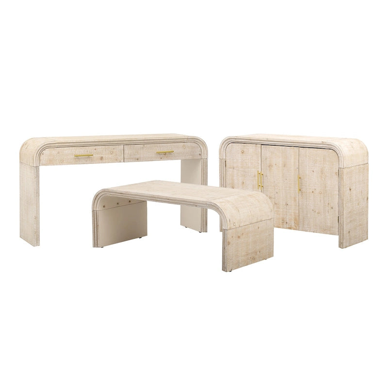 Buffet en bois à 4 portes, style incurvé, avec poignées dorées et séparateurs réglables.