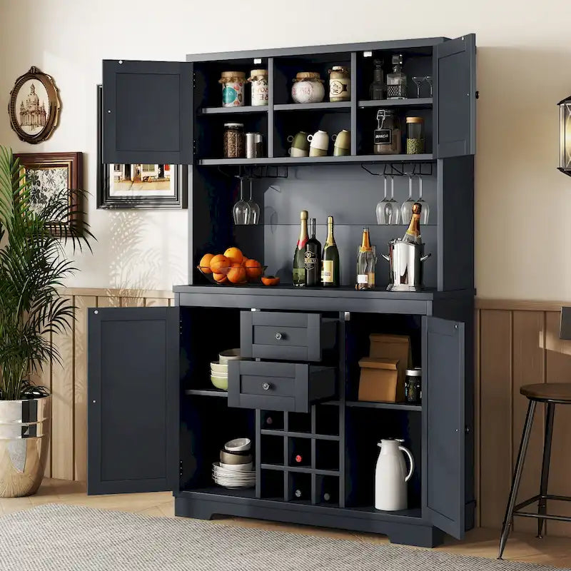 Meuble bar à café avec tiroirs, garde-manger indépendant avec étagères et placards, buffet avec étagères en verre