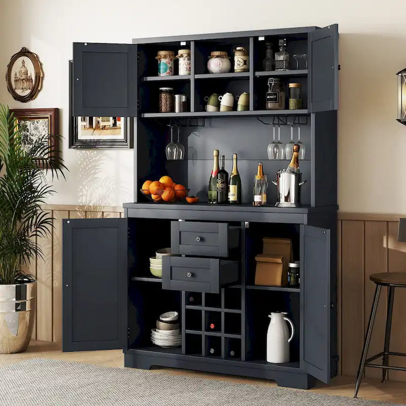 Coffee Bar Cabinet with Drawers, Freestanding Kitchen Pantry with Shelves and Cabinets, Buffet Cabinet with Glass Racks