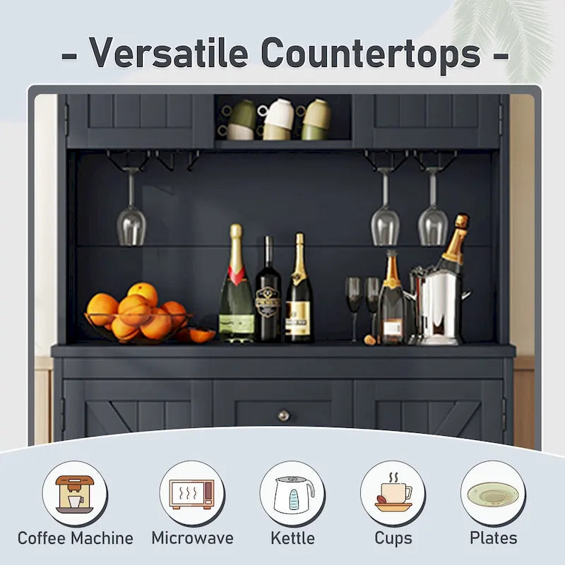 Meuble bar à café avec tiroirs, garde-manger indépendant avec étagères et placards, buffet avec étagères en verre