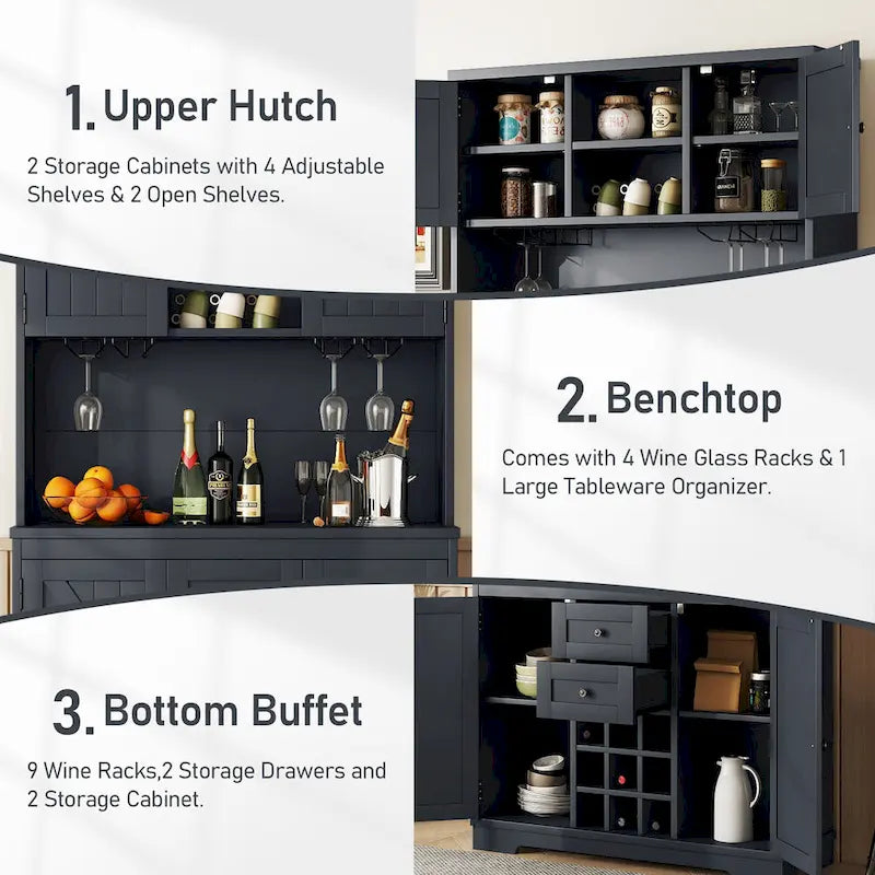 Meuble bar à café avec tiroirs, garde-manger indépendant avec étagères et placards, buffet avec étagères en verre