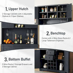 Meuble bar à café avec tiroirs, garde-manger indépendant avec étagères et placards, buffet avec étagères en verre