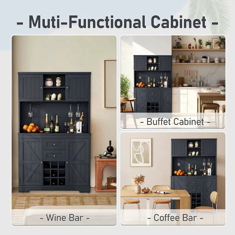 Meuble bar à café avec tiroirs, garde-manger indépendant avec étagères et placards, buffet avec étagères en verre