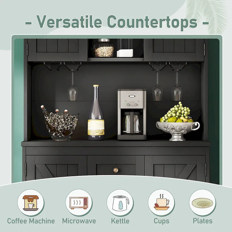 Meuble bar à café avec tiroirs, garde-manger indépendant avec étagères et placards, buffet avec étagères en verre
