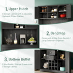 Meuble bar à café avec tiroirs, garde-manger indépendant avec étagères et placards, buffet avec étagères en verre