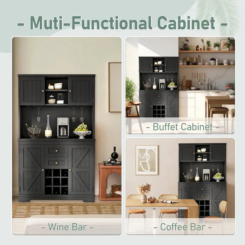 Meuble bar à café avec tiroirs, garde-manger indépendant avec étagères et placards, buffet avec étagères en verre