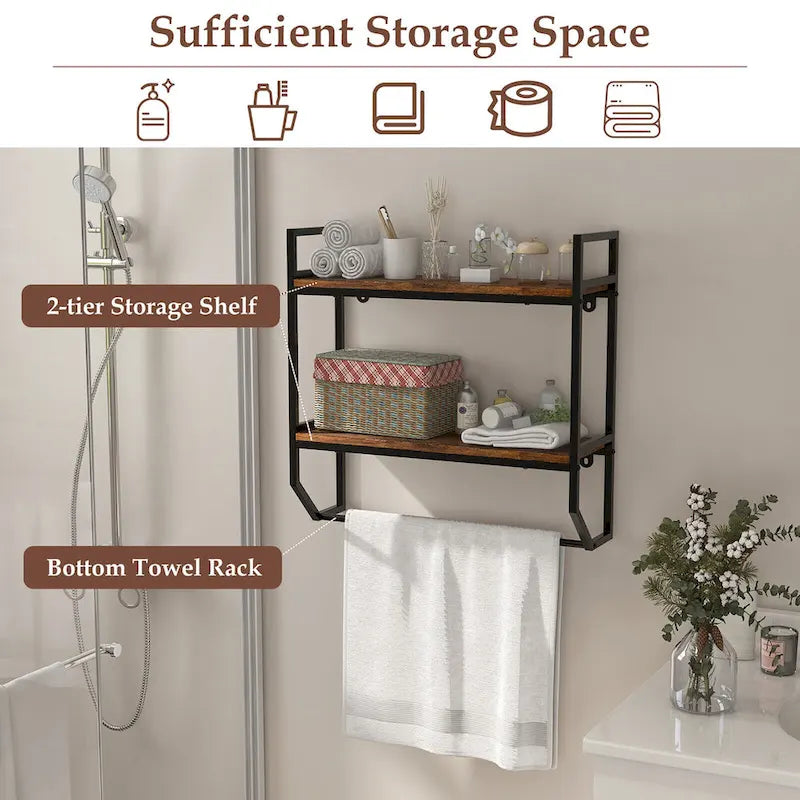 Étagère murale de salle de bain Gymax, style industriel, à 2 niveaux avec