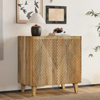 Meuble d'appoint en bois avec rangement, meuble de rangement rustique en bois de manguier avec design cannelé et étagère réglable