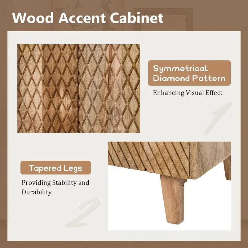 Meuble d'appoint en bois avec rangement, meuble de rangement rustique en bois de manguier avec design cannelé et étagère réglable