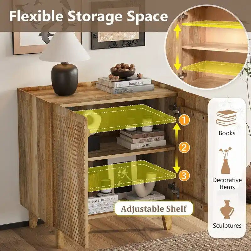 Meuble d'appoint en bois avec rangement, meuble de rangement rustique en bois de manguier avec design cannelé et étagère réglable