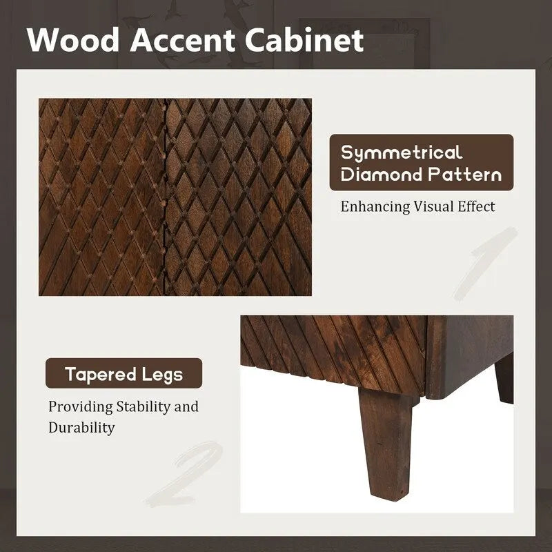 Meuble d'appoint en bois avec rangement, meuble de rangement rustique en bois de manguier avec design cannelé et étagère réglable