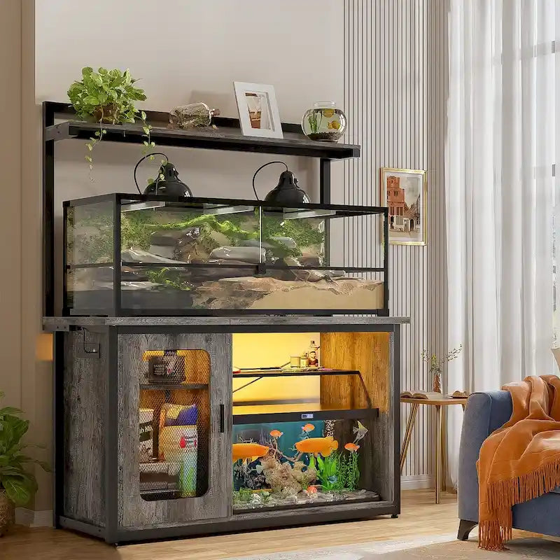 Support robuste pour aquarium avec meuble réversible, pour aquarium de 55 à 75 gallons, avec prises électriques et éclairage LED.