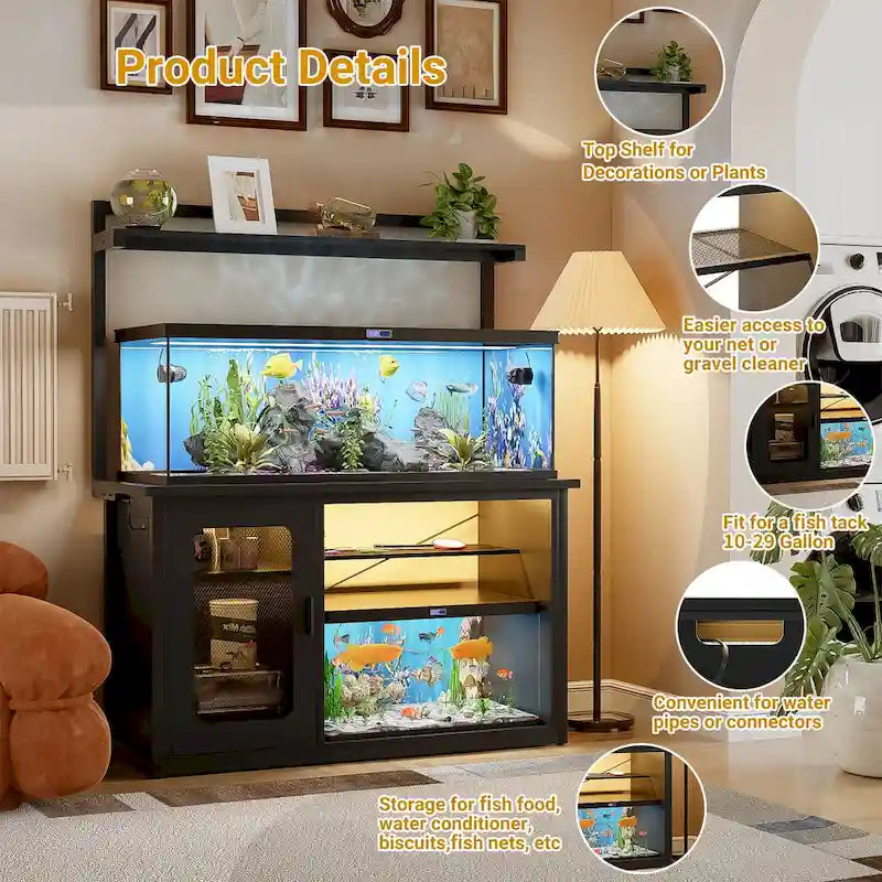 Support robuste pour aquarium avec meuble réversible, pour aquarium de 55 à 75 gallons, avec prises électriques et éclairage LED.
