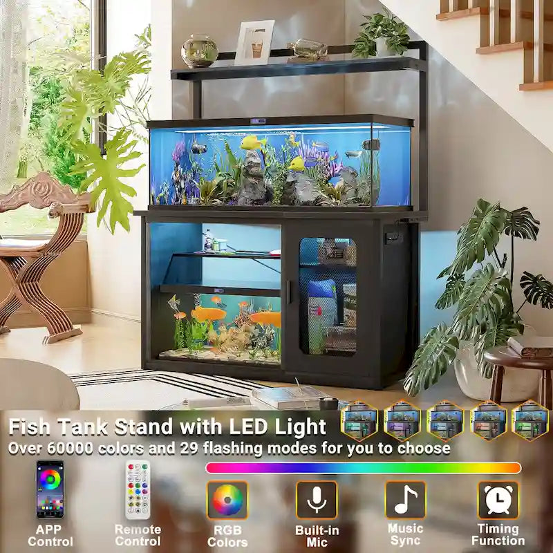 Support robuste pour aquarium avec meuble réversible, pour aquarium de 55 à 75 gallons, avec prises électriques et éclairage LED.